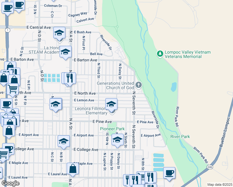 map of restaurants, bars, coffee shops, grocery stores, and more near 1300 North East Court in Lompoc