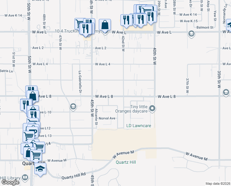 map of restaurants, bars, coffee shops, grocery stores, and more near 4229 West Avenue L8 in Quartz Hill