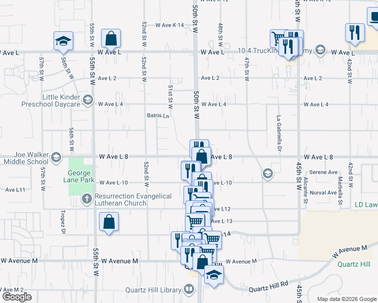 map of restaurants, bars, coffee shops, grocery stores, and more near 0 West Avenue L8 in Lancaster