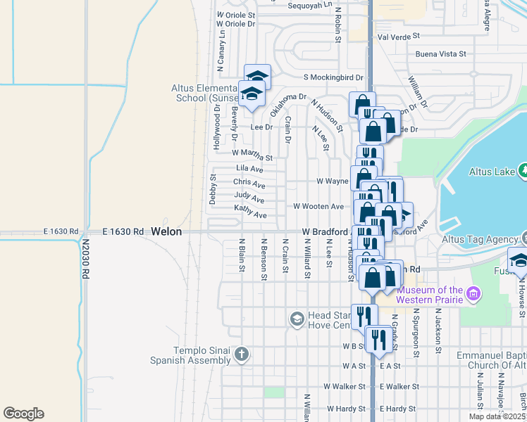 map of restaurants, bars, coffee shops, grocery stores, and more near 601 Kathy Avenue in Altus