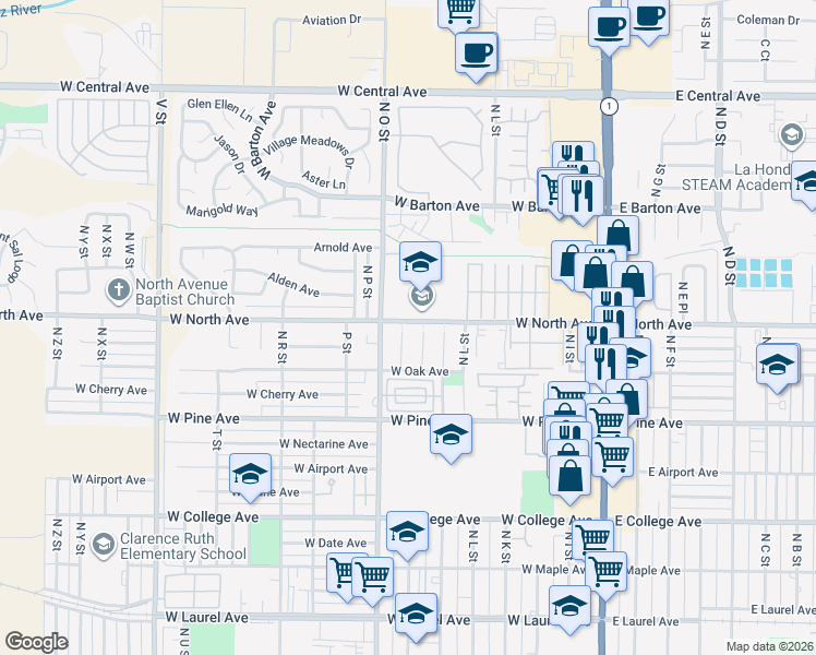map of restaurants, bars, coffee shops, grocery stores, and more near 923 North North Place in Lompoc