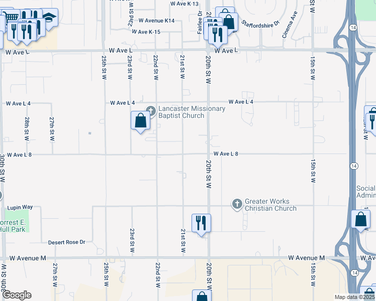 map of restaurants, bars, coffee shops, grocery stores, and more near 2051 West Avenue L in Lancaster