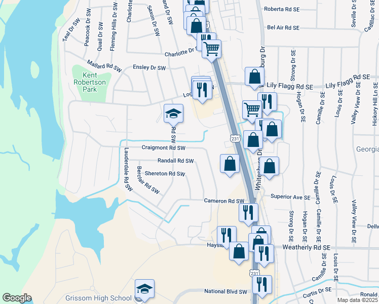 map of restaurants, bars, coffee shops, grocery stores, and more near 9005 Randall Road Southwest in Huntsville