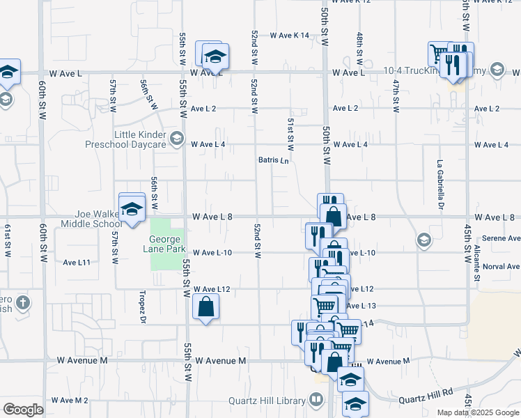 map of restaurants, bars, coffee shops, grocery stores, and more near 42408 52nd Street West in Lancaster