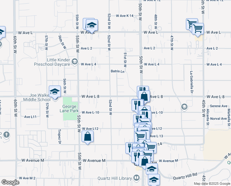 map of restaurants, bars, coffee shops, grocery stores, and more near 42409 Waterford Way in Quartz Hill
