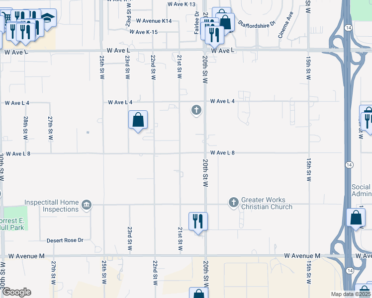 map of restaurants, bars, coffee shops, grocery stores, and more near 2051 West Avenue L8 in Lancaster