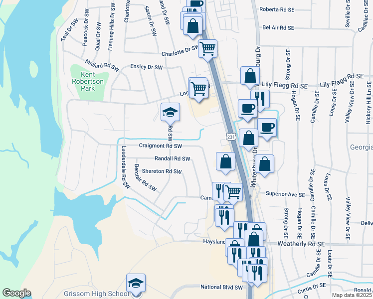 map of restaurants, bars, coffee shops, grocery stores, and more near 9005 Randall Road Southwest in Huntsville