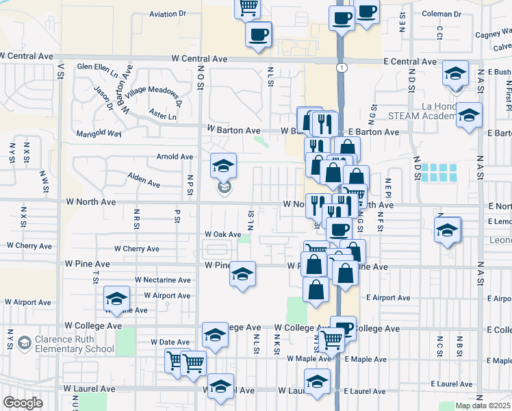 map of restaurants, bars, coffee shops, grocery stores, and more near 921 North L Street in Lompoc
