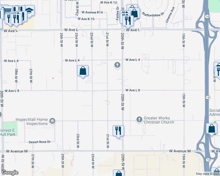 map of restaurants, bars, coffee shops, grocery stores, and more near 2051 West Avenue L8 in Lancaster