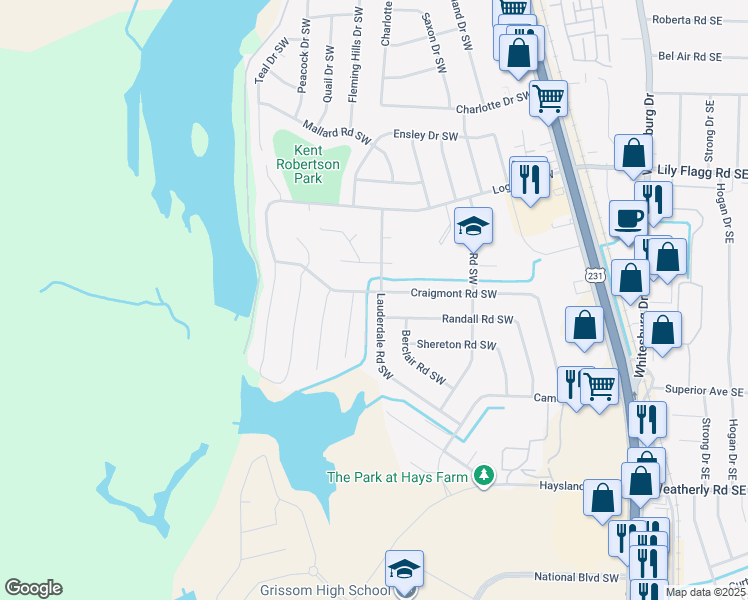 map of restaurants, bars, coffee shops, grocery stores, and more near 7503 Craigmont Circle Southwest in Huntsville