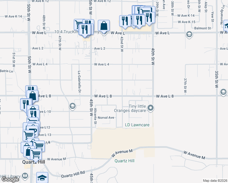 map of restaurants, bars, coffee shops, grocery stores, and more near 4229 West Avenue L8 in Quartz Hill