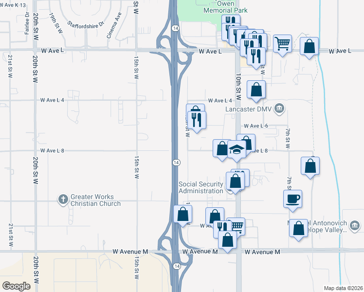 map of restaurants, bars, coffee shops, grocery stores, and more near 42409 12th Street West in Lancaster