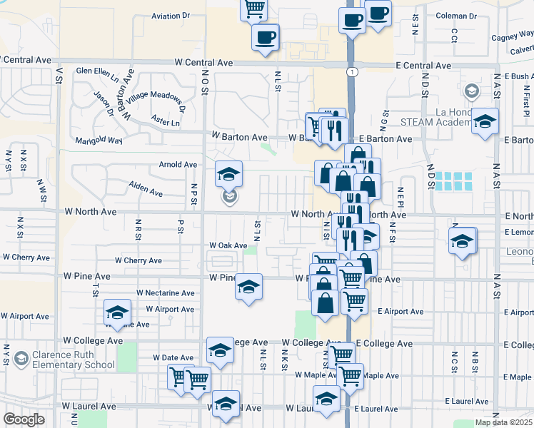 map of restaurants, bars, coffee shops, grocery stores, and more near 416 West North Avenue in Lompoc