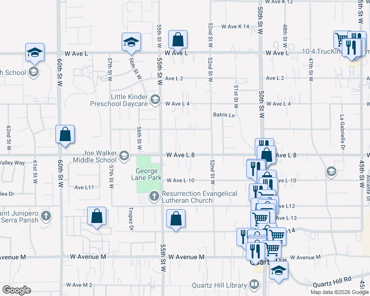 map of restaurants, bars, coffee shops, grocery stores, and more near 5309 West Avenue L8 in Lancaster