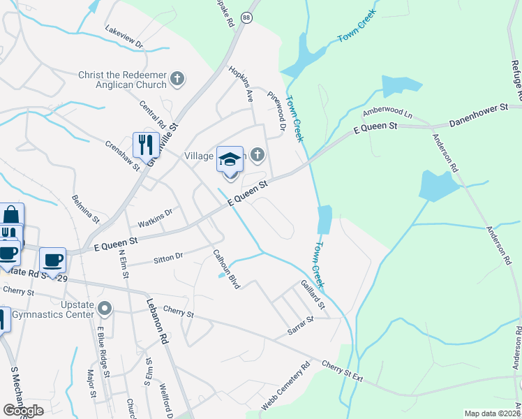 map of restaurants, bars, coffee shops, grocery stores, and more near 111 Queens Mill Court in Pendleton