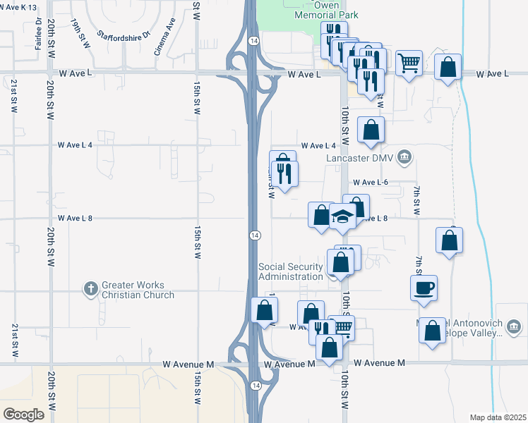 map of restaurants, bars, coffee shops, grocery stores, and more near 42409 12th Street West in Lancaster