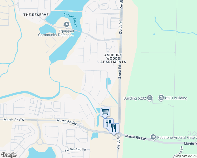 map of restaurants, bars, coffee shops, grocery stores, and more near 126 Windridge Way Southwest in Huntsville