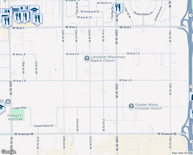 map of restaurants, bars, coffee shops, grocery stores, and more near West Avenue L8 in Lancaster