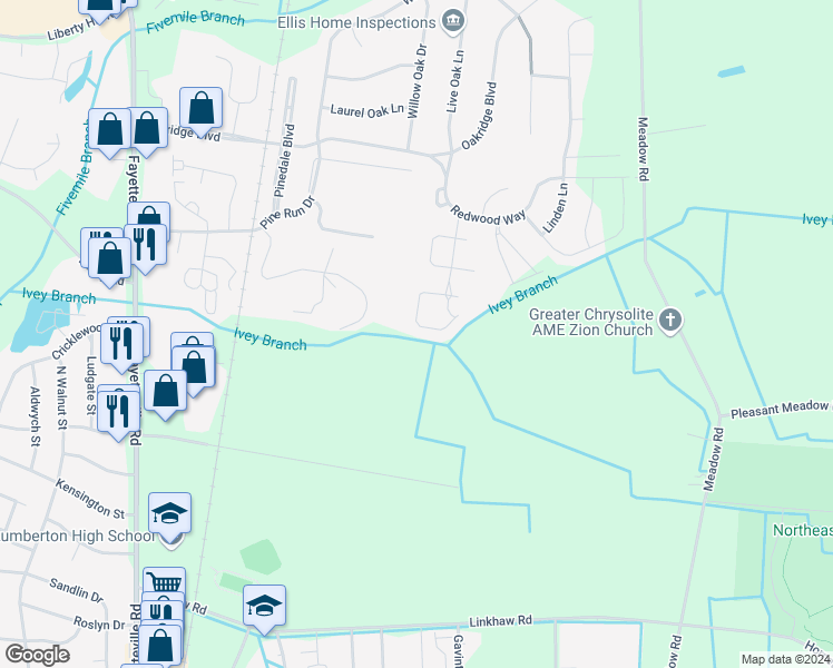 map of restaurants, bars, coffee shops, grocery stores, and more near 644 Amberdale West Circle in Lumberton