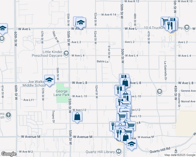 map of restaurants, bars, coffee shops, grocery stores, and more near 42416 52nd Street West in Lancaster