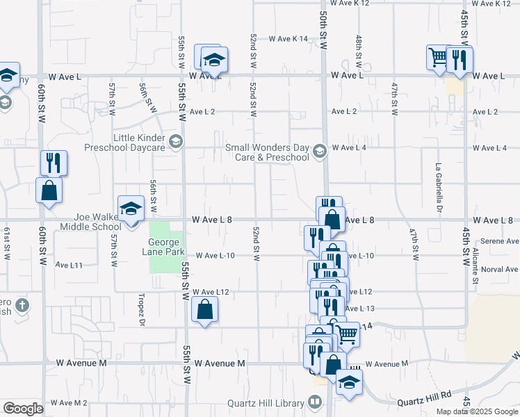 map of restaurants, bars, coffee shops, grocery stores, and more near 42416 52nd Street West in Lancaster