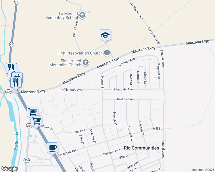 map of restaurants, bars, coffee shops, grocery stores, and more near 307 Hillandale Avenue in Belen
