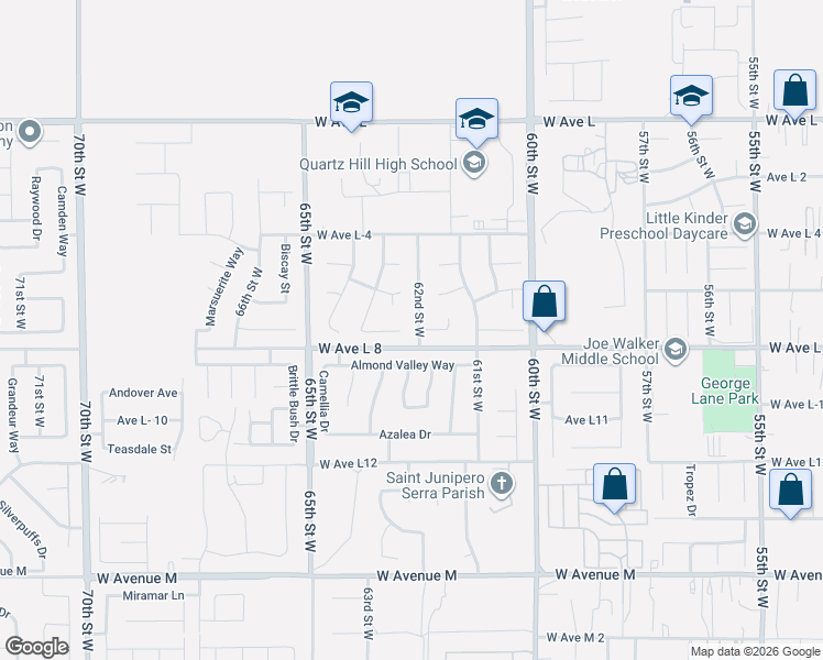 map of restaurants, bars, coffee shops, grocery stores, and more near 42419 62nd Street West in Quartz Hill