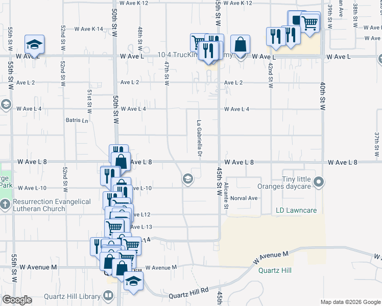 map of restaurants, bars, coffee shops, grocery stores, and more near 42404 Blossom Drive in Quartz Hill
