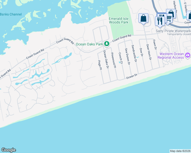 map of restaurants, bars, coffee shops, grocery stores, and more near 9717 Spinnaker Pl in Emerald Isle