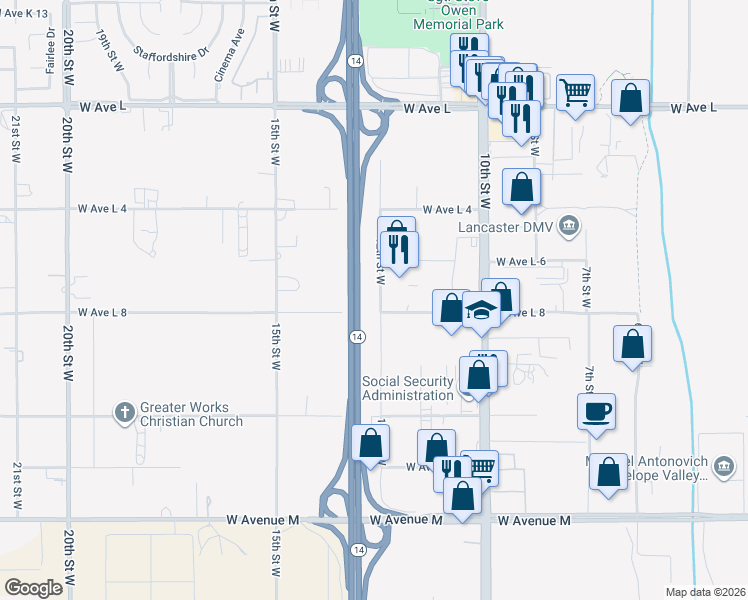 map of restaurants, bars, coffee shops, grocery stores, and more near 42409 12th Street West in Lancaster