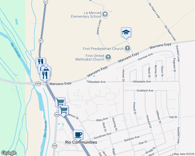 map of restaurants, bars, coffee shops, grocery stores, and more near 209 Hillandale Avenue in Belen