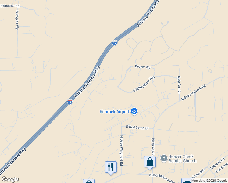 map of restaurants, bars, coffee shops, grocery stores, and more near 3470 Airport Drive in Lake Montezuma