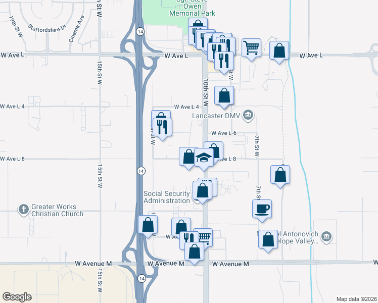 map of restaurants, bars, coffee shops, grocery stores, and more near 0 West Avenue L8 in Lancaster