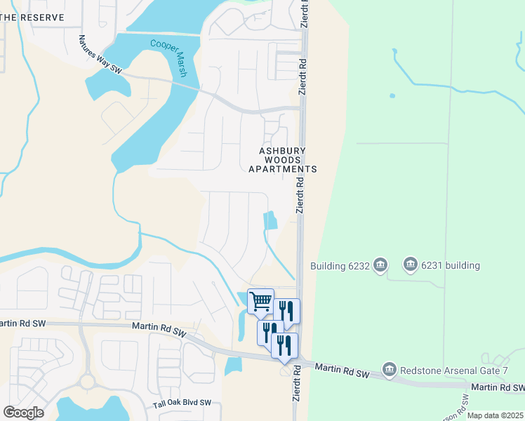 map of restaurants, bars, coffee shops, grocery stores, and more near 2420 Zierdt Road in Huntsville