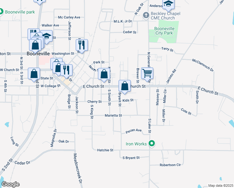 map of restaurants, bars, coffee shops, grocery stores, and more near 101-199 South Bryant Street in Booneville