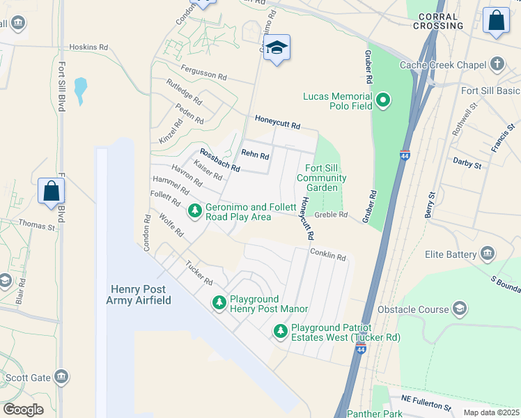 map of restaurants, bars, coffee shops, grocery stores, and more near 5445 Greble Road in Lawton