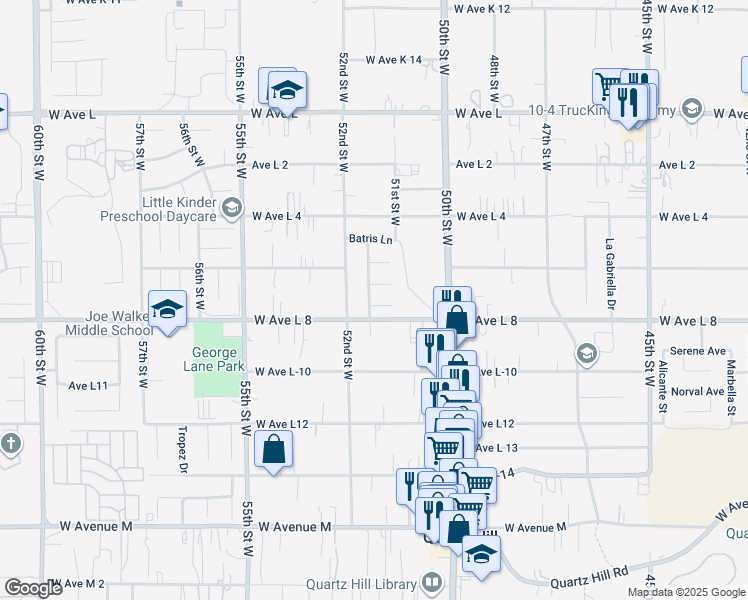 map of restaurants, bars, coffee shops, grocery stores, and more near 5125 Ruby Court in Quartz Hill