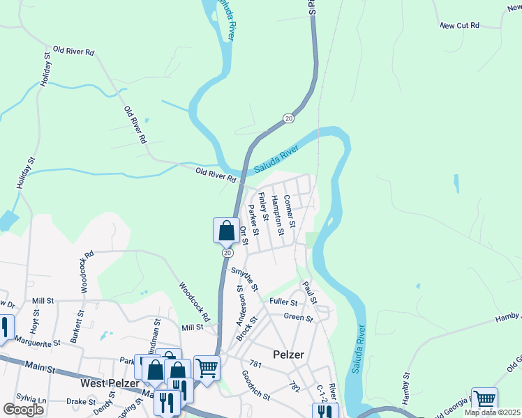 map of restaurants, bars, coffee shops, grocery stores, and more near 9 Parker Street in Pelzer
