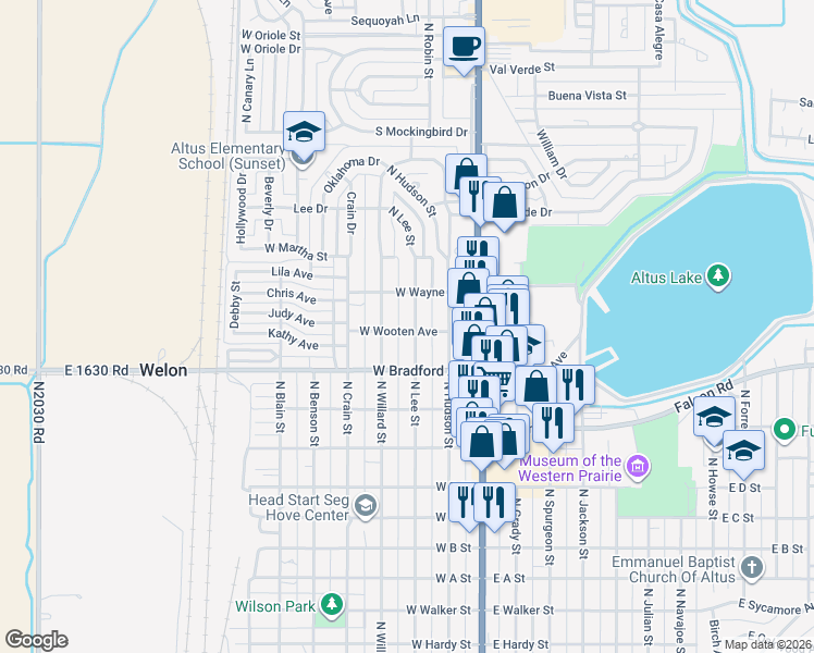 map of restaurants, bars, coffee shops, grocery stores, and more near 1418 North Willard Street in Altus