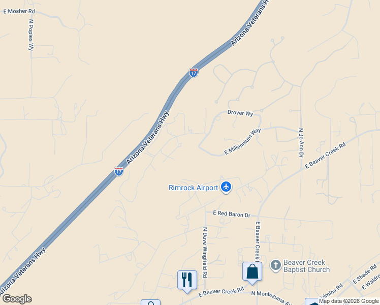 map of restaurants, bars, coffee shops, grocery stores, and more near 3470 Airport Drive in Lake Montezuma