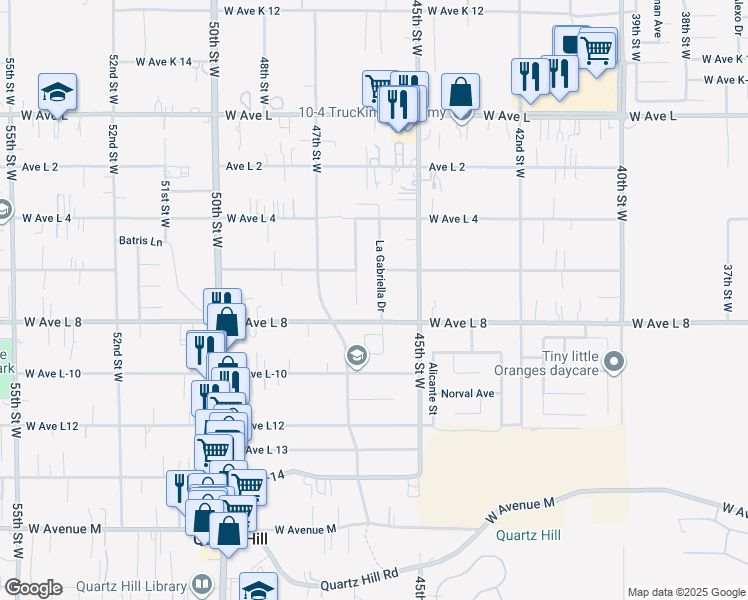 map of restaurants, bars, coffee shops, grocery stores, and more near 42425 La Gabriella Drive in Quartz Hill