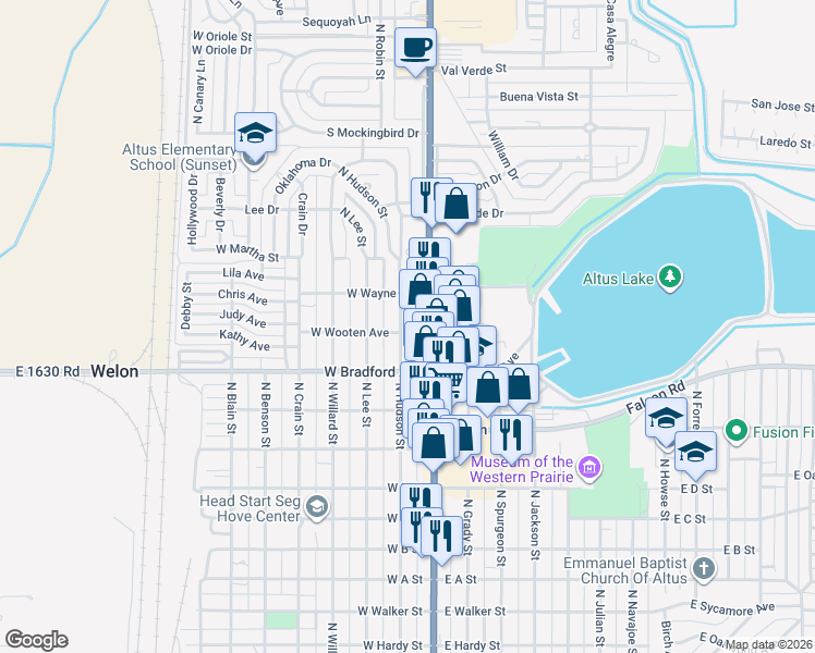 map of restaurants, bars, coffee shops, grocery stores, and more near 1415 North Main Street in Altus