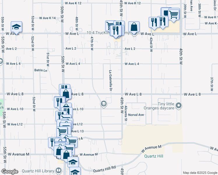 map of restaurants, bars, coffee shops, grocery stores, and more near 42425 La Gabriella Drive in Quartz Hill
