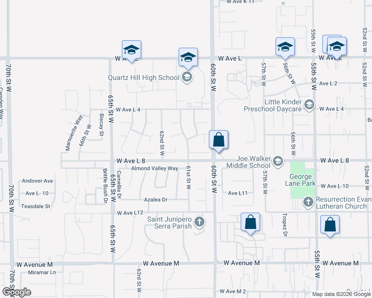 map of restaurants, bars, coffee shops, grocery stores, and more near 42427 61st Street West in Quartz Hill
