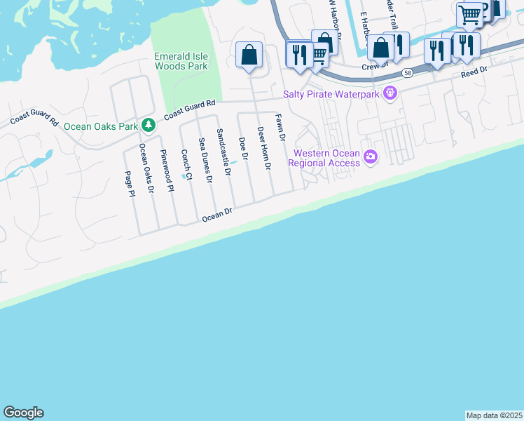 map of restaurants, bars, coffee shops, grocery stores, and more near 9307 Ocean Drive in Emerald Isle