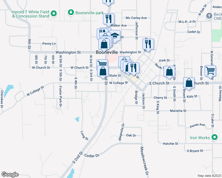 map of restaurants, bars, coffee shops, grocery stores, and more near 500-598 West College Street in Booneville