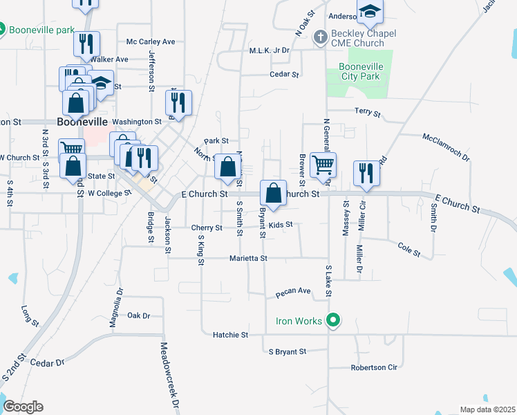 map of restaurants, bars, coffee shops, grocery stores, and more near 101 South Bryant Street in Booneville