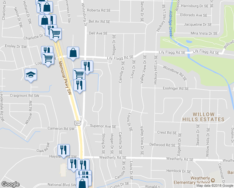 map of restaurants, bars, coffee shops, grocery stores, and more near 8604 Camille Drive Southeast in Huntsville