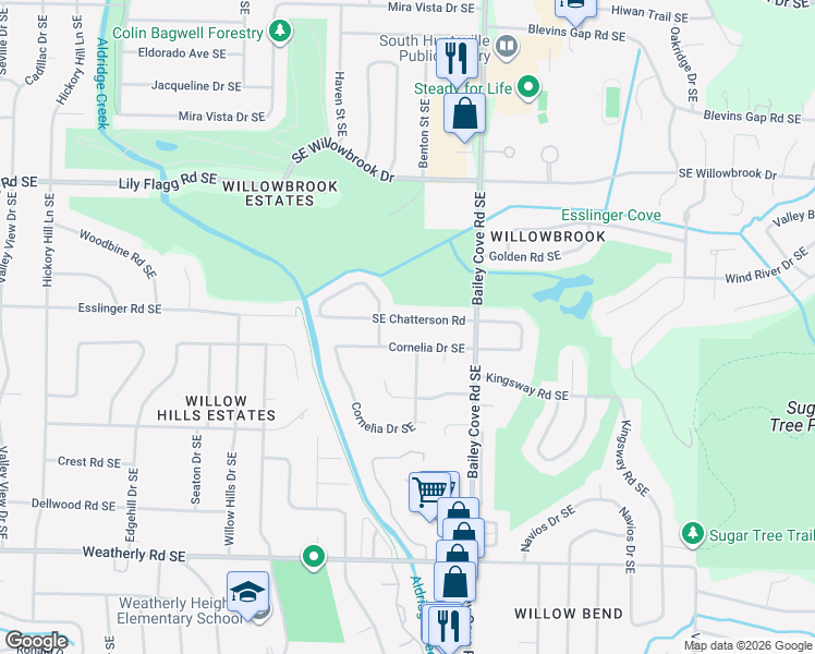 map of restaurants, bars, coffee shops, grocery stores, and more near 905 Chatterson Road Southeast in Huntsville