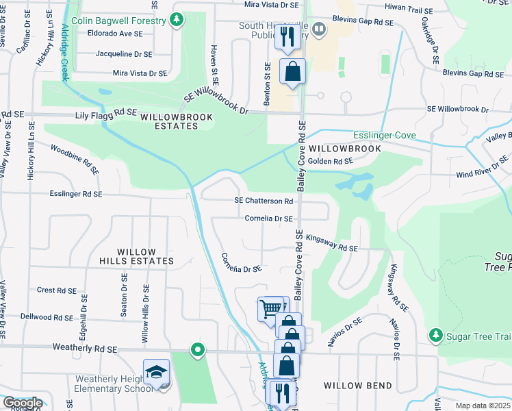 map of restaurants, bars, coffee shops, grocery stores, and more near 905 Chatterson Road Southeast in Huntsville